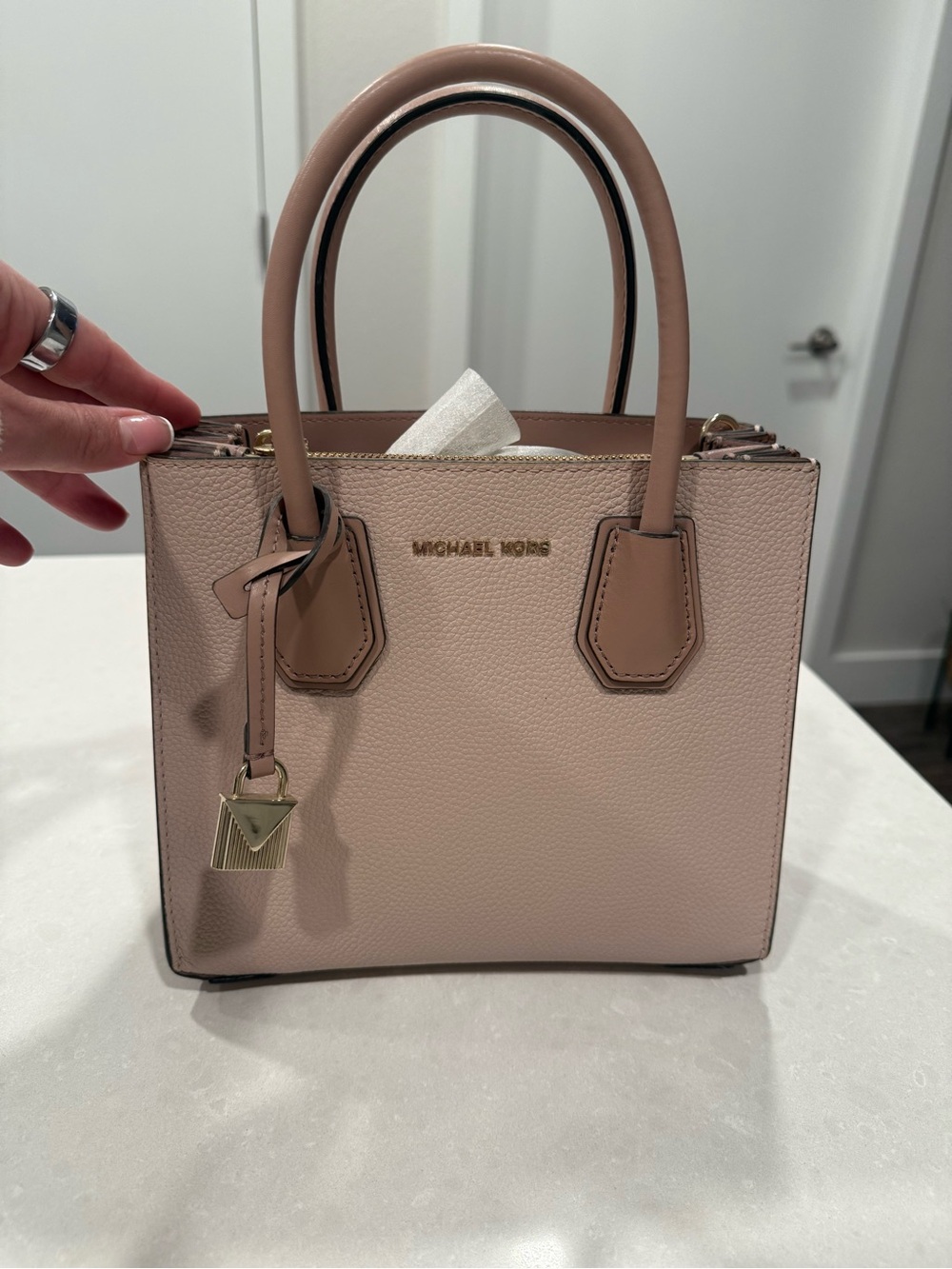 Michael Kors Mercer Medium Pebbled Leather Tote Satchel Blush Pink Gold Hardware
